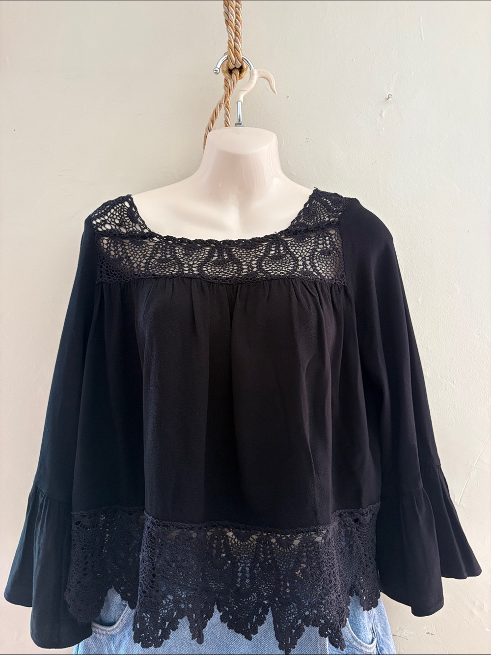 Black Crochet Yoke Peasant Tunic - Women